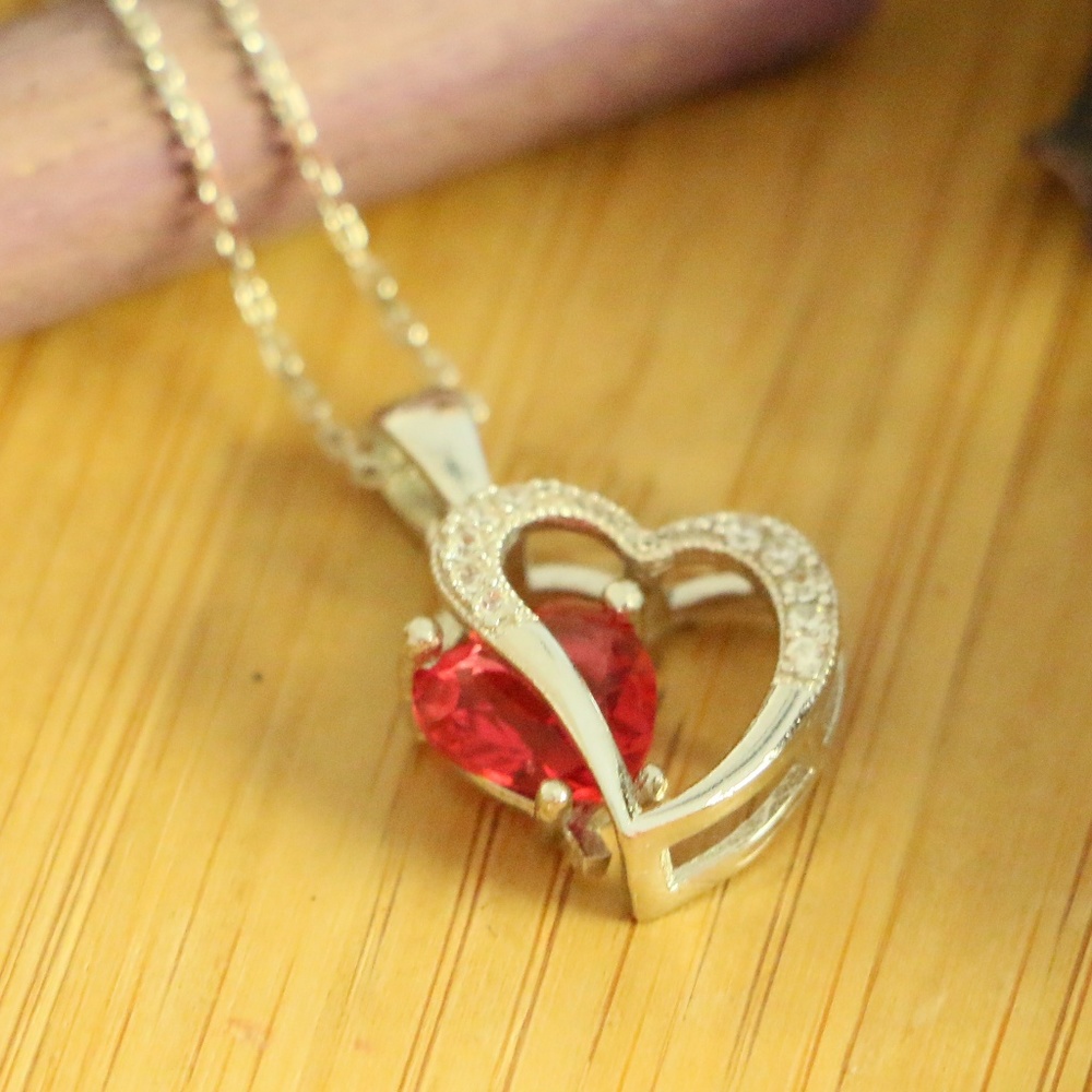 925 Sterling Silver 2Hearts red cubic zirconia - Picture 2 of 7